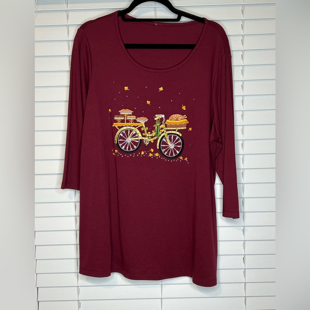 Quacker Factory wine 3/4 sleeve top with Bike/Thanksgiving embroidery & stones